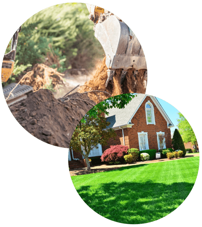 Two photos in circles highlighting excavation and landscaping